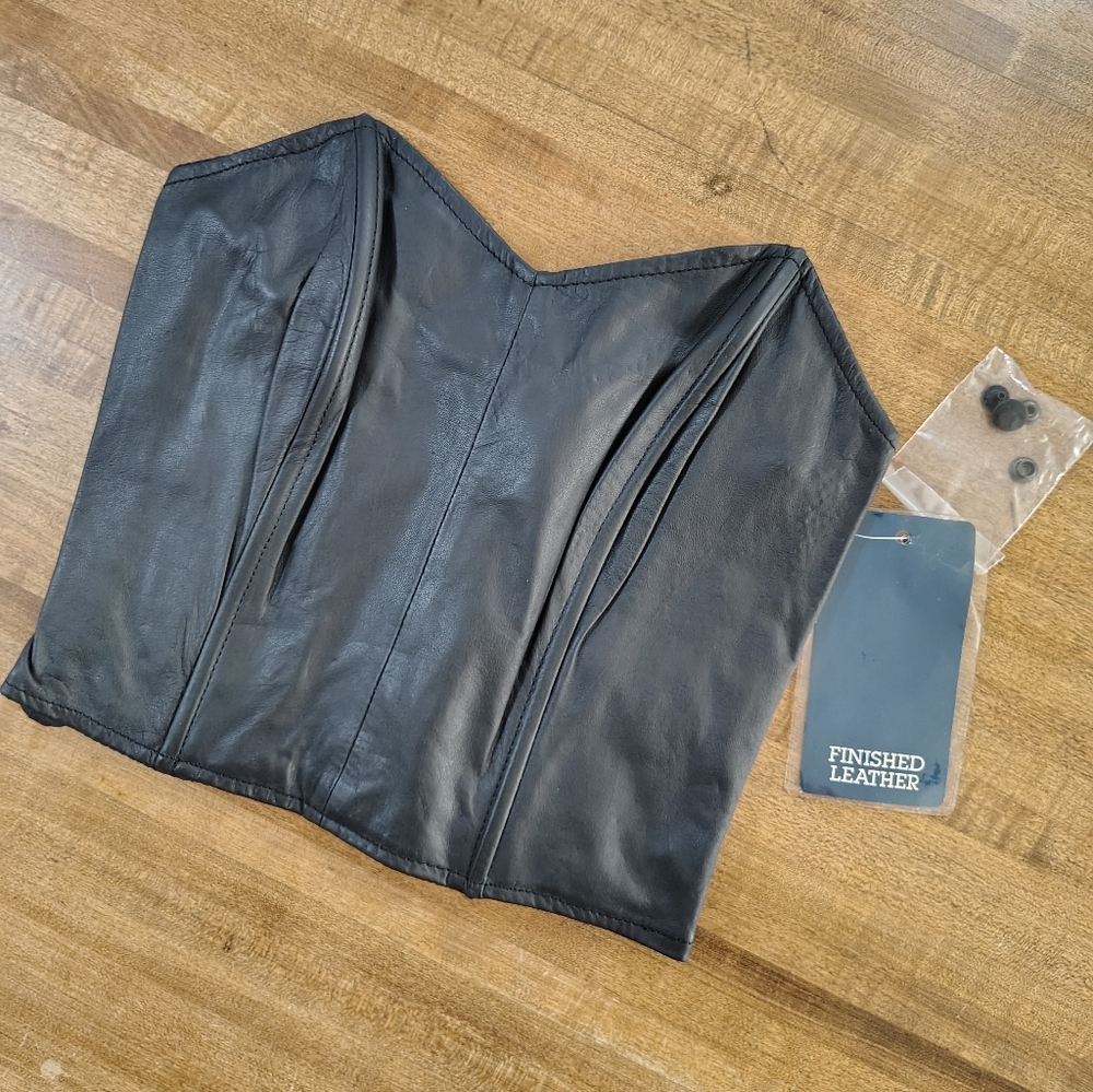 1980s CHIA Black Finished Leather Strapless Corset Top VINTAGE Y2K UNUSED Size S